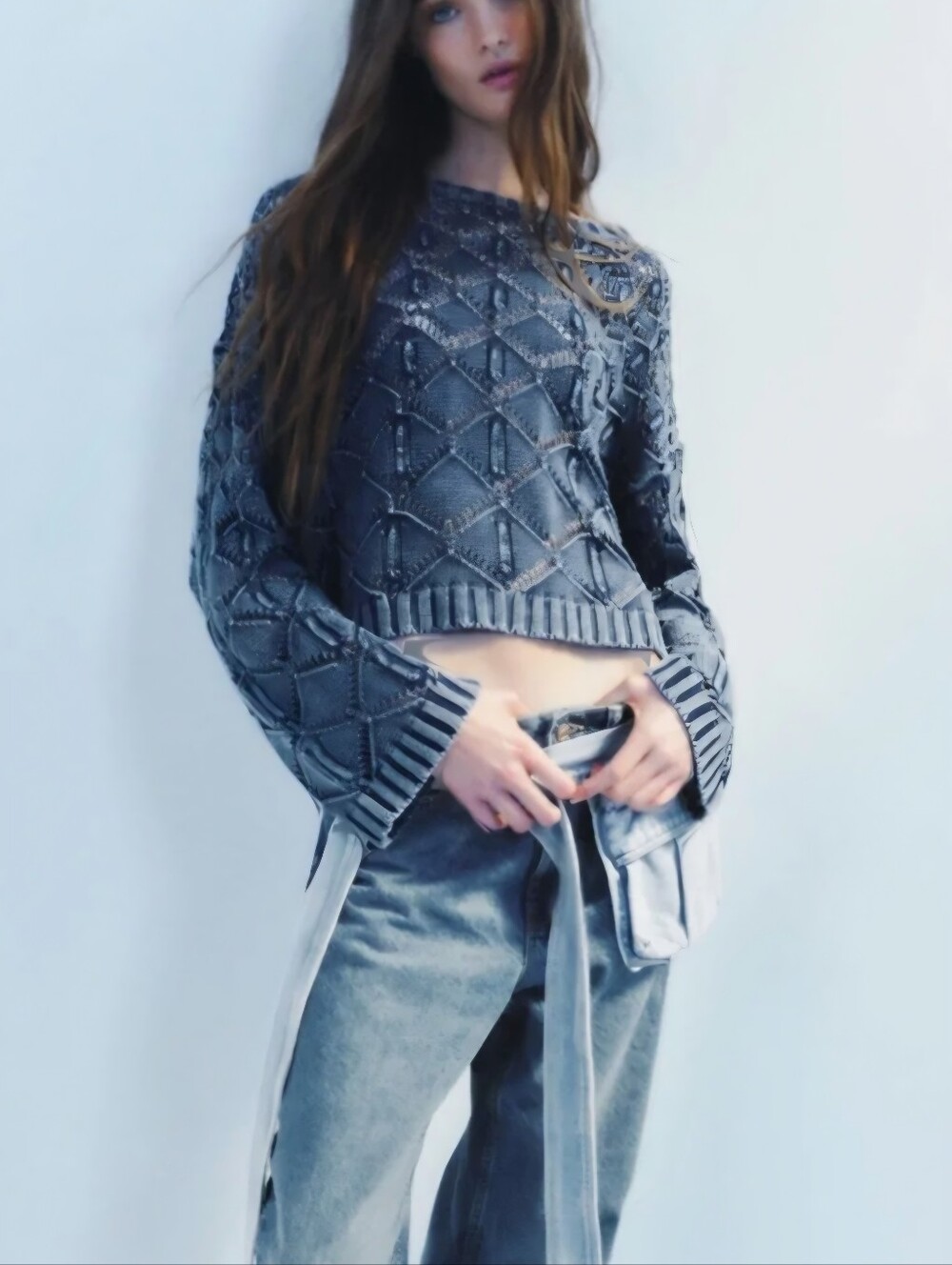 ZARA Blue Fade Wash Open Knit Cropped Crewneck‎ Pull-Over Sweater Women's Size 2